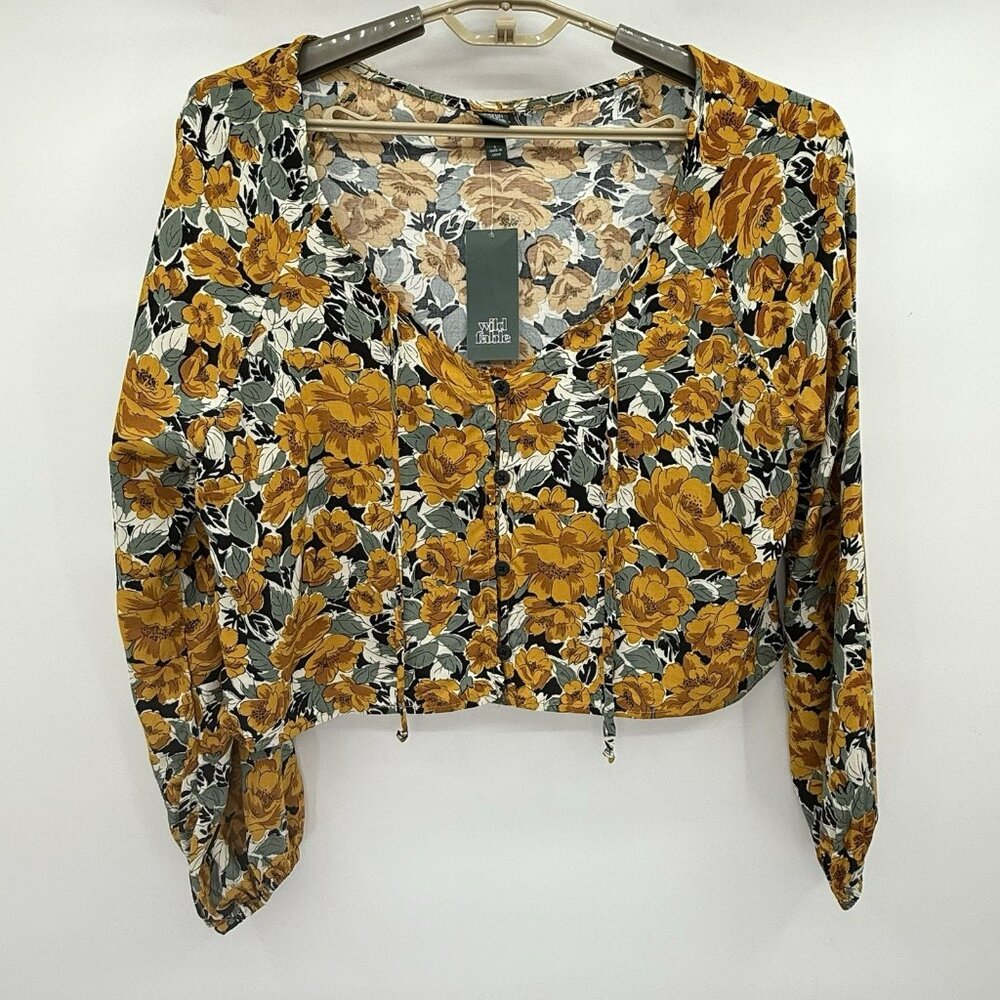 Wild Fable Womens Floral Print Balloon Long Sleeve Crop Button Up Top NWT Large